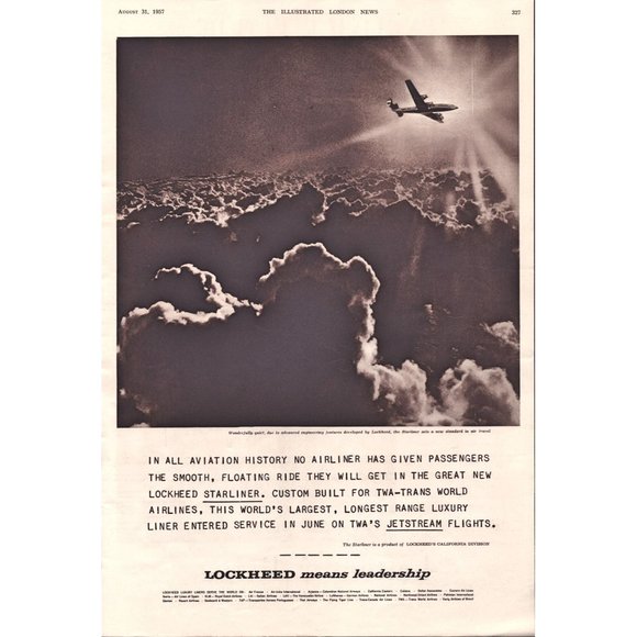 1957 Lockheed Starliner Airplane in Clouds Over Ocean Vintage Print Ad Wall Art - Picture 1 of 1